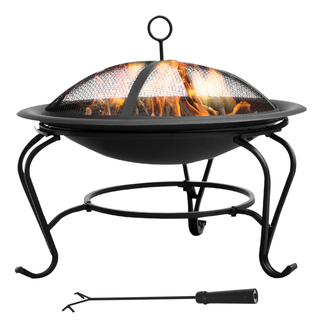 Metal Firepit Bowl Outdoor Round Fire Pit w/ Lid, Log Grate, Poker for Backyard, Camping, BBQ, Bonfire, Wood Burning Stove, 56 x 56 x 45cm, Black - Giant Lobelia