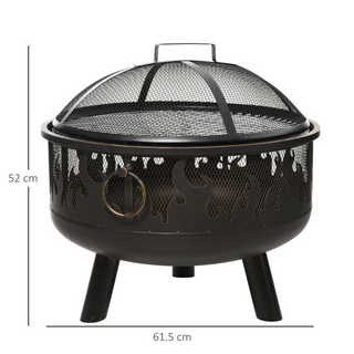 Metal Firepit Bowl Outdoor 2-In-1 Round Fire Pit w/ Lid, Grill, Poker, Handles for Backyard, Camping, BBQ, Bonfire, Wood Burning Stove, 61.5 x 61.5 x 52cm, Black - Giant Lobelia