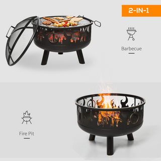 Metal Firepit Bowl Outdoor 2-In-1 Round Fire Pit w/ Lid, Grill, Poker, Handles for Backyard, Camping, BBQ, Bonfire, Wood Burning Stove, 61.5 x 61.5 x 52cm, Black - Giant Lobelia