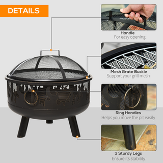 Metal Firepit Bowl Outdoor 2-In-1 Round Fire Pit w/ Lid, Grill, Poker, Handles for Backyard, Camping, BBQ, Bonfire, Wood Burning Stove, 61.5 x 61.5 x 52cm, Black - Giant Lobelia