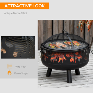 Metal Firepit Bowl Outdoor 2-In-1 Round Fire Pit w/ Lid, Grill, Poker, Handles for Backyard, Camping, BBQ, Bonfire, Wood Burning Stove, 61.5 x 61.5 x 52cm, Black - Giant Lobelia