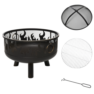 Metal Firepit Bowl Outdoor 2-In-1 Round Fire Pit w/ Lid, Grill, Poker, Handles for Backyard, Camping, BBQ, Bonfire, Wood Burning Stove, 61.5 x 61.5 x 52cm, Black - Giant Lobelia