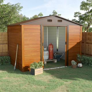 9 x 6ft Garden Metal Storage Shed House Hut Gardening Tool Storage with Kit and Ventilation, Brown with Wood Grain - Giant Lobelia