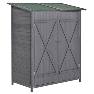 Garden Wood Storage Shed w/ Flexible Table, Hooks and Ground Nails, Multifunction Lockable Sheds & Outdoor Asphalt Roof Tool Organizer, 139 x 75 x 160cm, Grey - Giant Lobelia