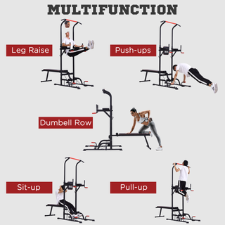 Multifunction Power Tower Home Workout Dip Station w/ Sit-up Bench Push-up Bars and Tension Ropes Fitness Equipment Office Gym Training - Giant Lobelia