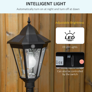 1.9M Garden Lamp Post Light, IP44 Outdoor LED Solar Powered Lantern Lamp with Aluminium Frame for Patio, Pathway and Walkway, Black - Giant Lobelia