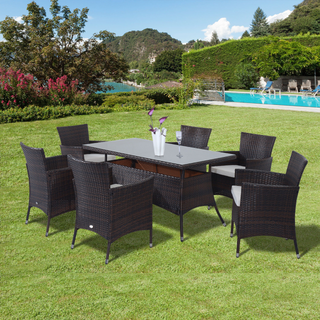 Rattan Garden Furniture Dining Set 6-seater Patio Rectangular Table Cube Chairs Outdoor Fire Retardant Sponge Brown - Giant Lobelia