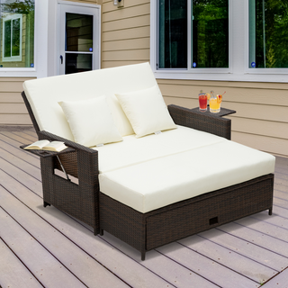 2 Seater Assembled Garden Patio Outdoor Rattan Furniture Sofa Sun Lounger Daybed with Fire Retardant Sponge - Brown - Giant Lobelia