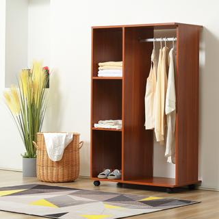 Open Wardrobe with Hanging Rail and Storage Shelves w/Wheels Bedroom-Walnut - Giant Lobelia