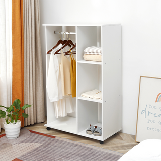 Open Wardrobe with Hanging Rail and Storage Shelves w/Wheels Bedroom-White - Giant Lobelia