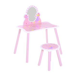 Kids Dressing Table Girls Pink Wooden Kids Dressing Table & Stool Make Up Desk Chair Toys Fairy Dresser Play Set w/Mirror - Giant Lobelia