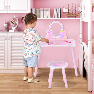 Kids Dressing Table Girls Pink Wooden Kids Dressing Table & Stool Make Up Desk Chair Toys Fairy Dresser Play Set w/Mirror - Giant Lobelia