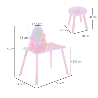 Kids Dressing Table Girls Pink Wooden Kids Dressing Table & Stool Make Up Desk Chair Toys Fairy Dresser Play Set w/Mirror - Giant Lobelia