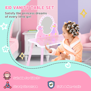 Kids Dressing Table Girls Pink Wooden Kids Dressing Table & Stool Make Up Desk Chair Toys Fairy Dresser Play Set w/Mirror - Giant Lobelia