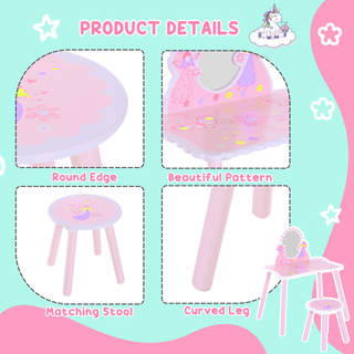 Kids Dressing Table Girls Pink Wooden Kids Dressing Table & Stool Make Up Desk Chair Toys Fairy Dresser Play Set w/Mirror - Giant Lobelia