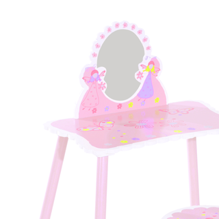 Kids Dressing Table Girls Pink Wooden Kids Dressing Table & Stool Make Up Desk Chair Toys Fairy Dresser Play Set w/Mirror - Giant Lobelia