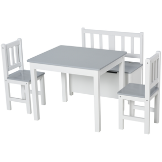 4-Piece Kids Table and Chair Set with 2 Wooden Chairs, 1 Storage Bench, and Interesting Modern Design, Grey/White - Giant Lobelia