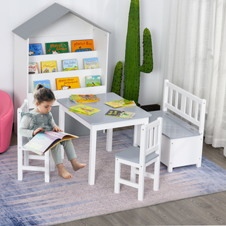 4-Piece Kids Table and Chair Set with 2 Wooden Chairs, 1 Storage Bench, and Interesting Modern Design, Grey/White - Giant Lobelia