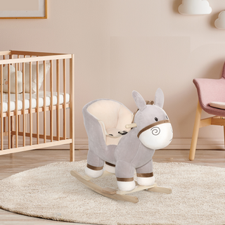 Kids Children Rocking Horse Plush Ride On Donkey Seat w/ Sound Wood Base Seat Safety Belt Toddler Baby Toy Rocker Grey 18 - 36 Months - Giant Lobelia