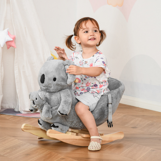 Kids Toddler Rocking Horse Plush Ride On Koala Rocker Wooden Base Seat Safety Belt w/ Gloved Doll Toy for 18-36 Months Grey - Giant Lobelia