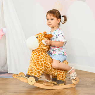 2 In 1 Kids Todder Rocking Horse Plush Ride On Giraffe Rocker with Wheels Wooden Base Animal Sounds for 36-72 Months - Giant Lobelia