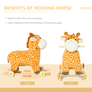 2 In 1 Kids Todder Rocking Horse Plush Ride On Giraffe Rocker with Wheels Wooden Base Animal Sounds for 36-72 Months - Giant Lobelia