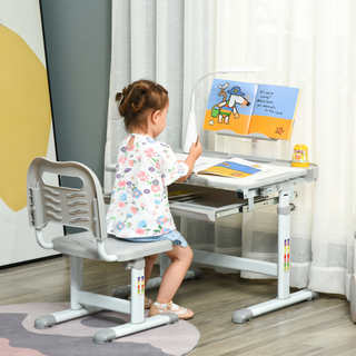 Kids Desk and Chair Set, Height Adjustable Study Desk with USB Lamp, Storage Drawer for Study, Gray and White - Giant Lobelia