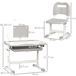 Kids Desk and Chair Set, Height Adjustable Study Desk with USB Lamp, Storage Drawer for Study, Gray and White - Giant Lobelia