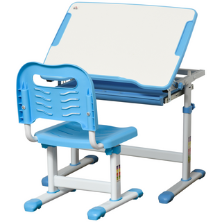 Kids Desk and Chair Set Height Adjustable Student Writing Desk Children School Study Table with Tiltable Desktop, Drawer, Pen Slot, Hook Blue - Giant Lobelia