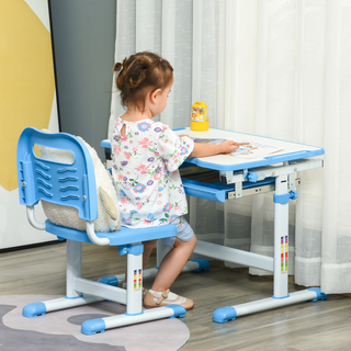 Kids Desk and Chair Set Height Adjustable Student Writing Desk Children School Study Table with Tiltable Desktop, Drawer, Pen Slot, Hook Blue - Giant Lobelia