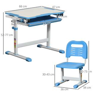 Kids Desk and Chair Set Height Adjustable Student Writing Desk Children School Study Table with Tiltable Desktop, Drawer, Pen Slot, Hook Blue - Giant Lobelia