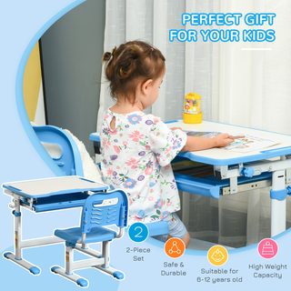 Kids Desk and Chair Set Height Adjustable Student Writing Desk Children School Study Table with Tiltable Desktop, Drawer, Pen Slot, Hook Blue - Giant Lobelia