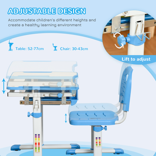 Kids Desk and Chair Set Height Adjustable Student Writing Desk Children School Study Table with Tiltable Desktop, Drawer, Pen Slot, Hook Blue - Giant Lobelia