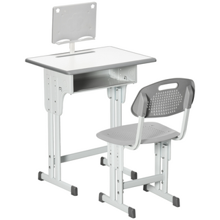 Kids Desk and Chair Set Adjustable Height Study Table Set w/ Drawer, Book Stand, Cup Holder, Pen Slot - Grey - Giant Lobelia