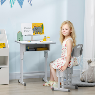 Kids Desk and Chair Set Adjustable Height Study Table Set w/ Drawer, Book Stand, Cup Holder, Pen Slot - Grey - Giant Lobelia