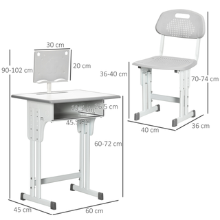 Kids Desk and Chair Set Adjustable Height Study Table Set w/ Drawer, Book Stand, Cup Holder, Pen Slot - Grey - Giant Lobelia