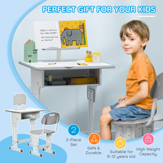 Kids Desk and Chair Set Adjustable Height Study Table Set w/ Drawer, Book Stand, Cup Holder, Pen Slot - Grey - Giant Lobelia