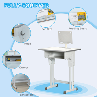 Kids Desk and Chair Set Adjustable Height Study Table Set w/ Drawer, Book Stand, Cup Holder, Pen Slot - Grey - Giant Lobelia