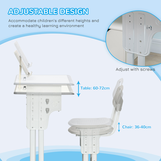 Kids Desk and Chair Set Adjustable Height Study Table Set w/ Drawer, Book Stand, Cup Holder, Pen Slot - Grey - Giant Lobelia