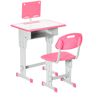 Kids Desk and Chair Set Adjustable Height Study Table Set w/ Drawer, Book Stand, Cup Holder, Pen Slot - Pink - Giant Lobelia