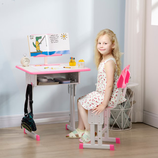 Kids Desk and Chair Set Adjustable Height Study Table Set w/ Drawer, Book Stand, Cup Holder, Pen Slot - Pink - Giant Lobelia