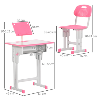 Kids Desk and Chair Set Adjustable Height Study Table Set w/ Drawer, Book Stand, Cup Holder, Pen Slot - Pink - Giant Lobelia