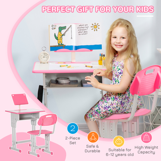 Kids Desk and Chair Set Adjustable Height Study Table Set w/ Drawer, Book Stand, Cup Holder, Pen Slot - Pink - Giant Lobelia