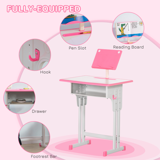 Kids Desk and Chair Set Adjustable Height Study Table Set w/ Drawer, Book Stand, Cup Holder, Pen Slot - Pink - Giant Lobelia