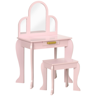 Kids Dressing Table and Stool Kids Vanity Set Makeup Desk w/ Mirror, Drawer, for Ages 3-6 Years - Pink - Giant Lobelia