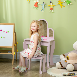 Kids Dressing Table and Stool Kids Vanity Set Makeup Desk w/ Mirror, Drawer, for Ages 3-6 Years - Pink - Giant Lobelia