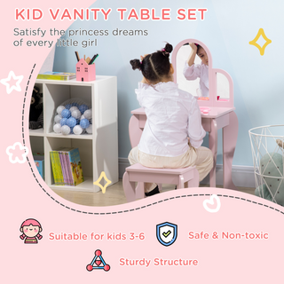 Kids Dressing Table and Stool Kids Vanity Set Makeup Desk w/ Mirror, Drawer, for Ages 3-6 Years - Pink - Giant Lobelia