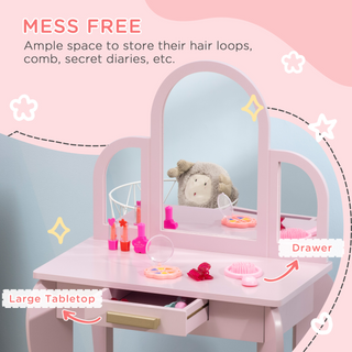 Kids Dressing Table and Stool Kids Vanity Set Makeup Desk w/ Mirror, Drawer, for Ages 3-6 Years - Pink - Giant Lobelia