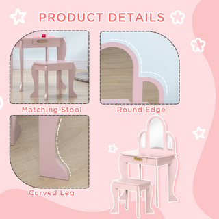 Kids Dressing Table and Stool Kids Vanity Set Makeup Desk w/ Mirror, Drawer, for Ages 3-6 Years - Pink - Giant Lobelia