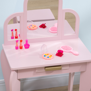 Kids Dressing Table and Stool Kids Vanity Set Makeup Desk w/ Mirror, Drawer, for Ages 3-6 Years - Pink - Giant Lobelia